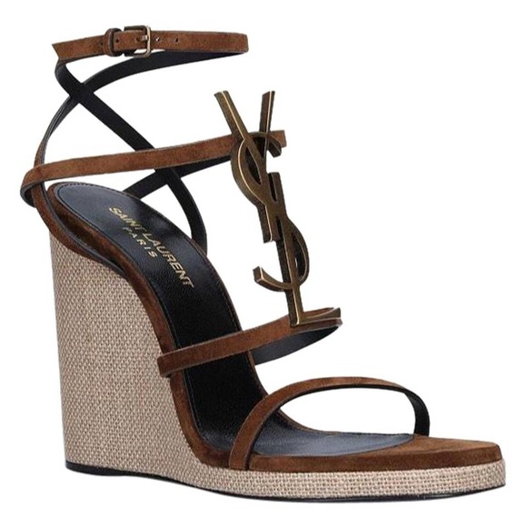 SAINT LAURENT Cassandra 115 YSL logo suede leather wedges sandals - Picture 1 of 4
